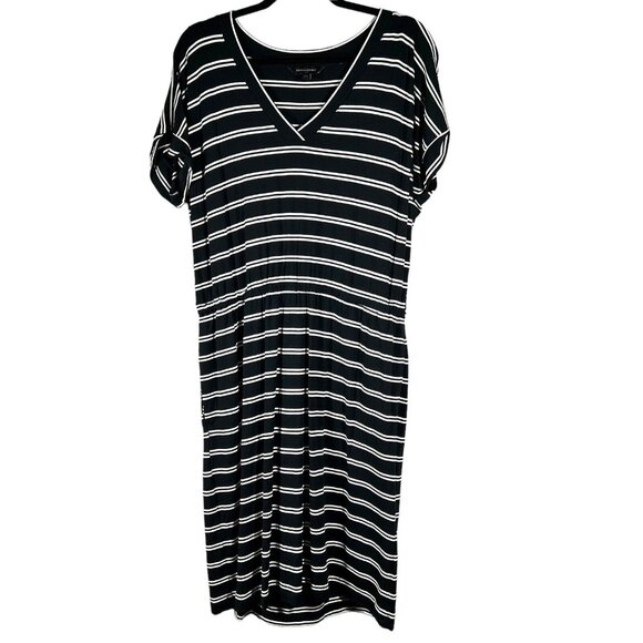 Banana Republic Womens Dress short sleeve black White‎ striped midi L PETITE - Picture 1 of 6
